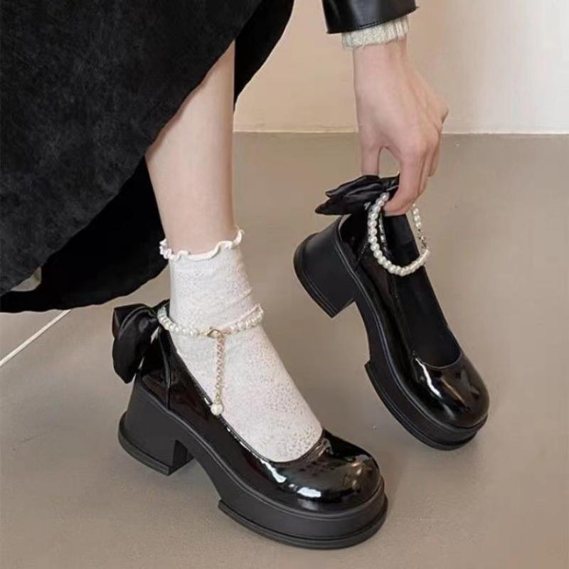 Retro Versatile Mary Jane Women's Shoes Spring and Summer Bow High Heel French Single Shoes Small Leather Shoes