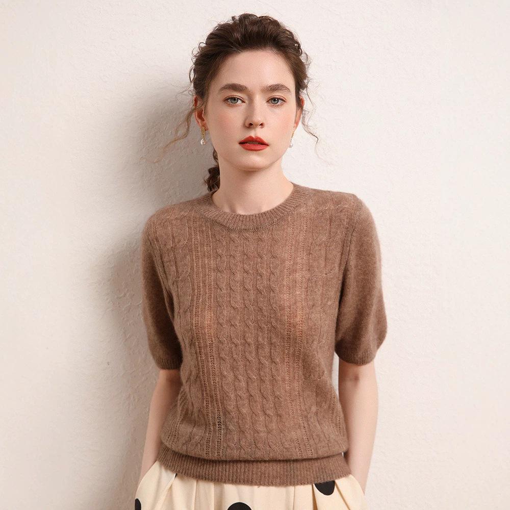 Early Autumn Women's Cashmere Short Sleeve Loose Cable Knit Sweater