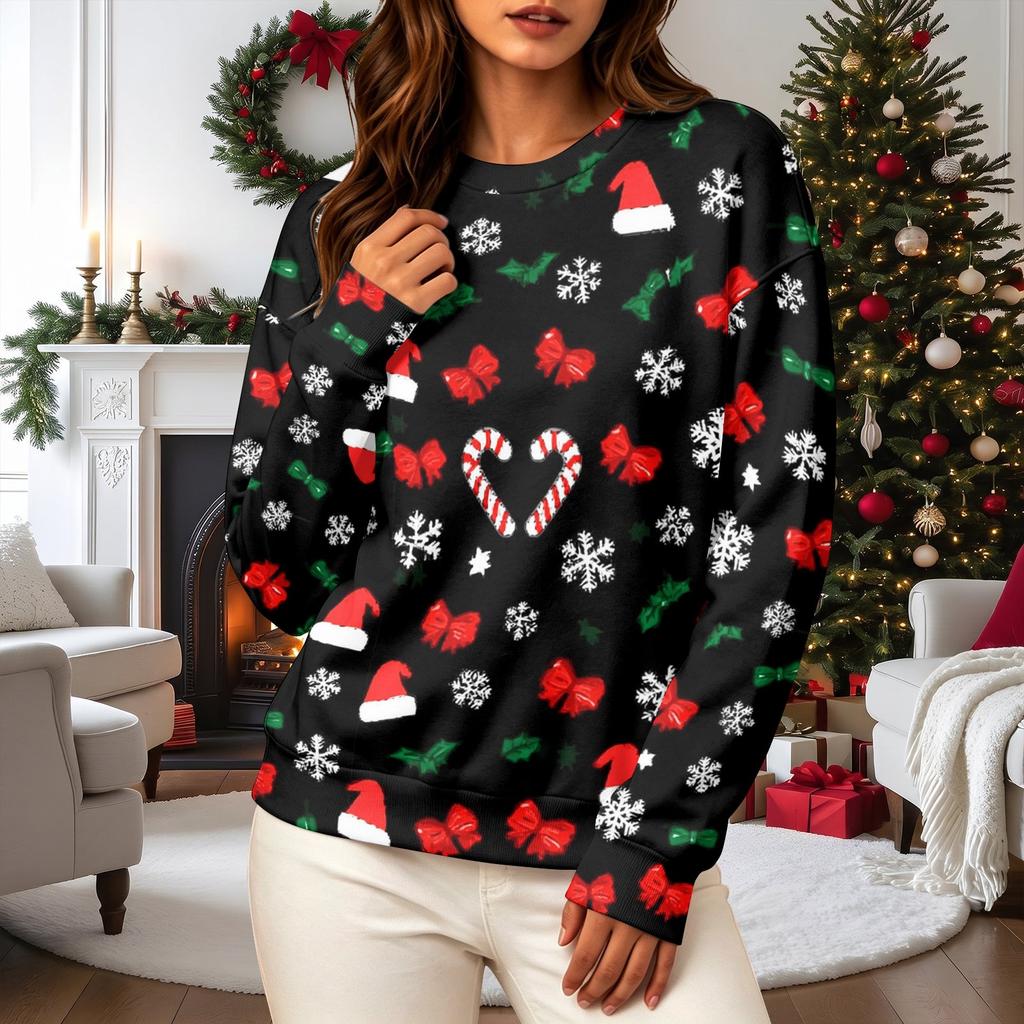 Women's Casual Long Sleeve Christmas Print Neck Pullover Sweatshirt