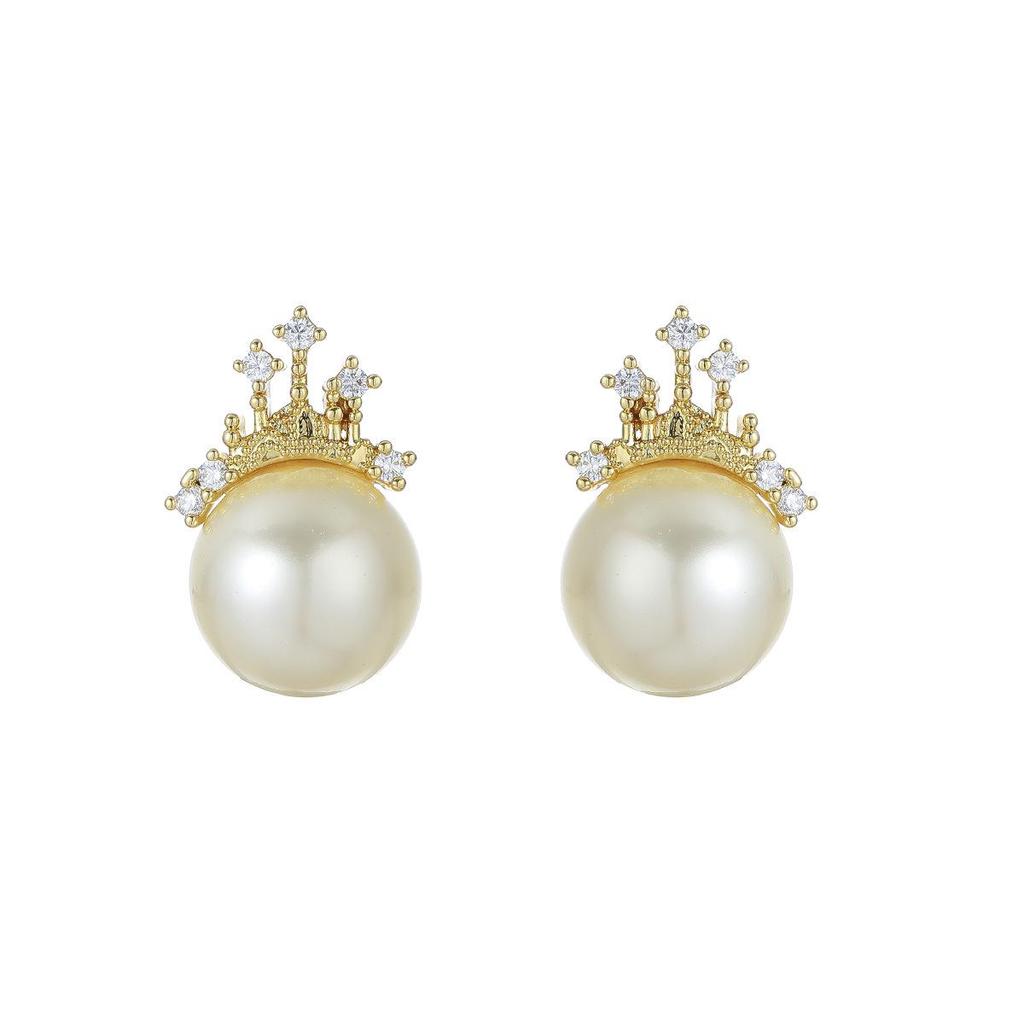 Dreamy Castle Pearl & Zirconia Crown Stud Earrings - Fashionable High-End Design