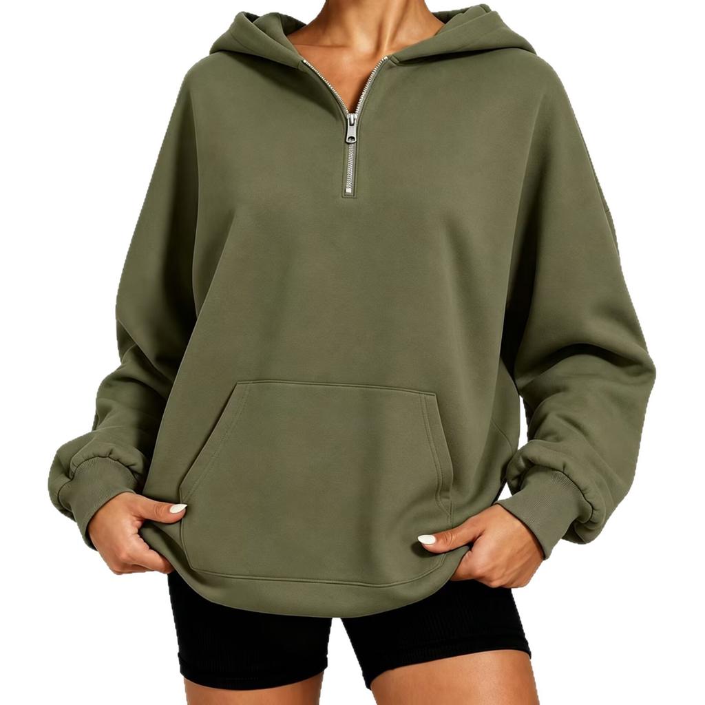 Women's Half Zip Hoodie Pullover Fall Winter Loose Fit Solid Color Long Sleeve Casual Sweatshirt
