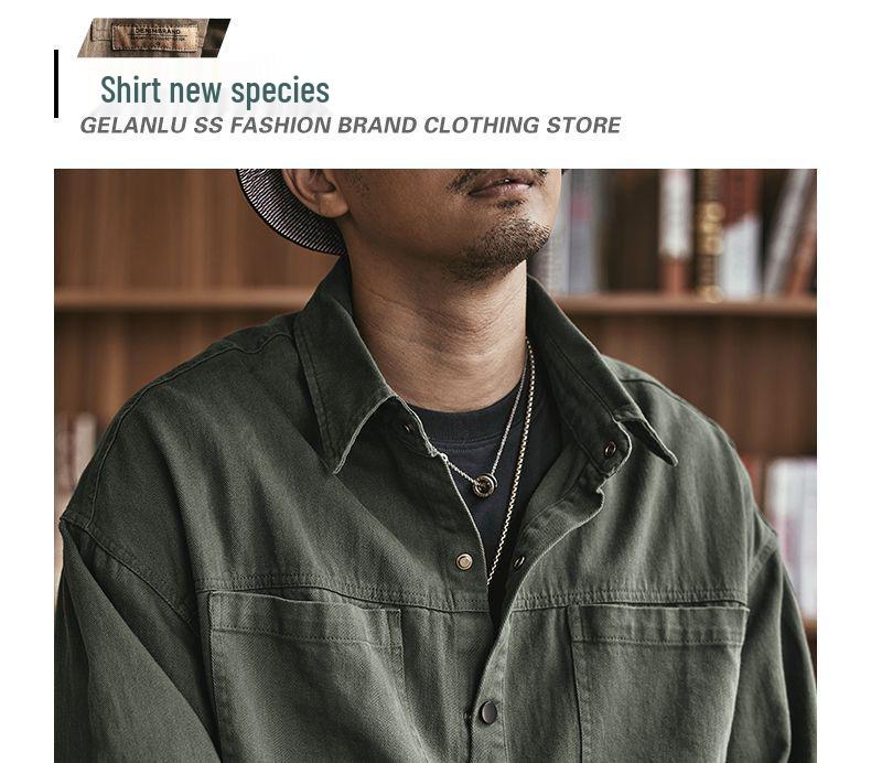 Men's Retro Military Green Heavy Work Shirt Jacket - Autumn Casual Loose Fit, Long-Sleeved