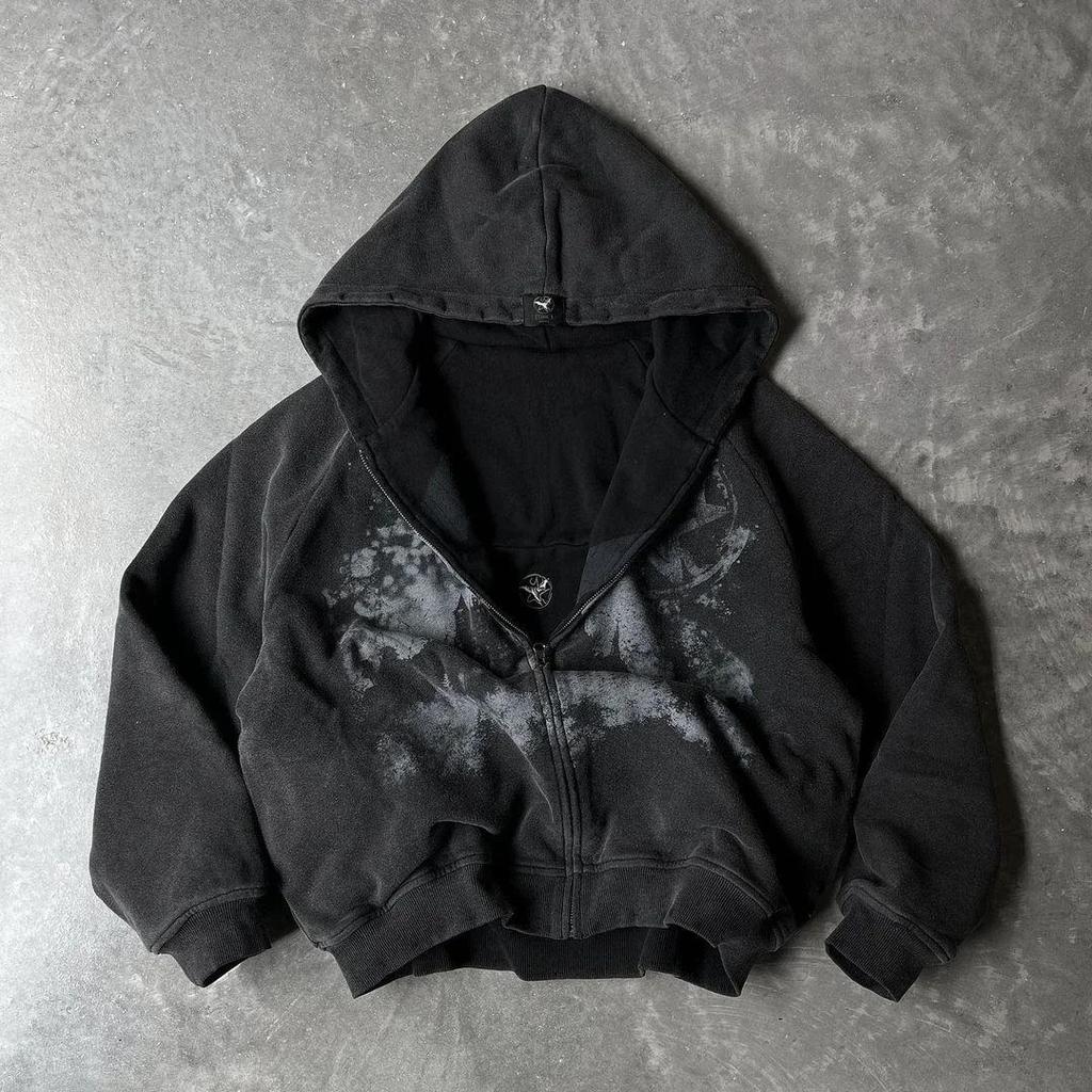 VibeStreet Stile Gotico Punk Y2k Felpa con Cappuccio Stampata Stelle Punti Ricamati con Zip Moda Uomo e Donna Harajuku Retro Manica a Pipistrello Oversize Top