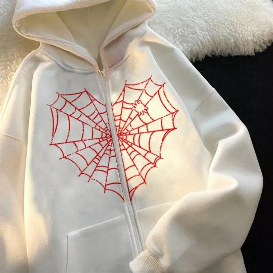 Colored Spider Web Street Hip Hop Gothic Harajuku Y2k Black Zipper Hoodie Women, Harajuku Jacket Sweater Women