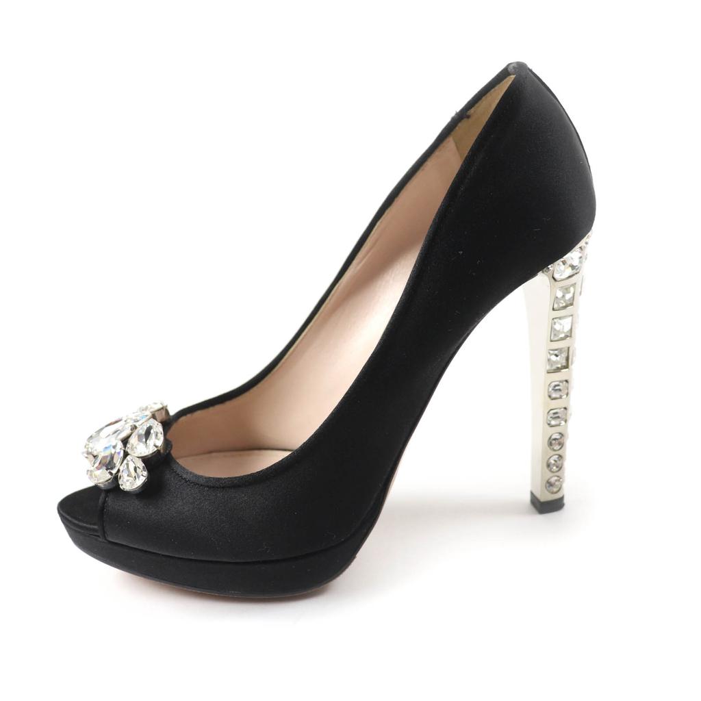 Tolle MIUMIU Pumps Offene Zehenpartie mit Kristallschmuck Schwarz Satin Damen 37 Gebraucht