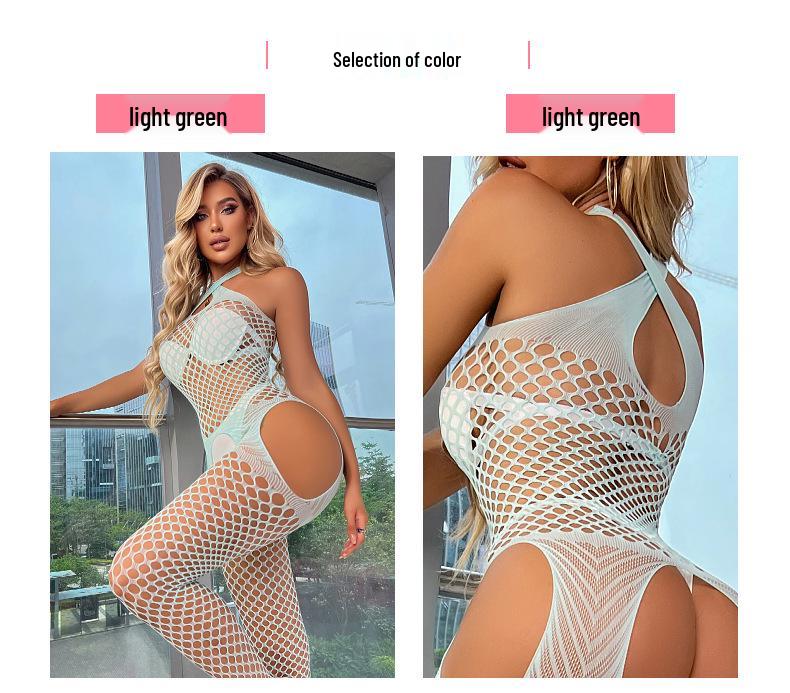 Cross-Border Sexy Criss-Cross Halter Open Crotch Fishnet Bodystocking with Stockings