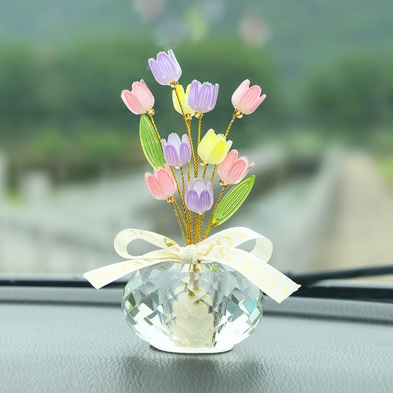 Crystal Lucky Fruit Car Decoration Set - Creative Car Interior Decor Item - Car Central Console Decoration Matching Tulip flower