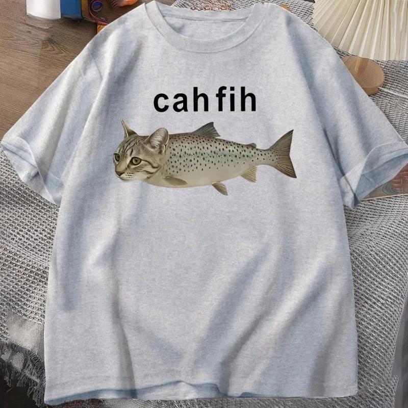 Cah Fih T-Shirt Fih Funny Mispelled Fish Meme T Shirt Cat and Fish Graphic Humor Tshirt Casual Short Sleeve Clothes