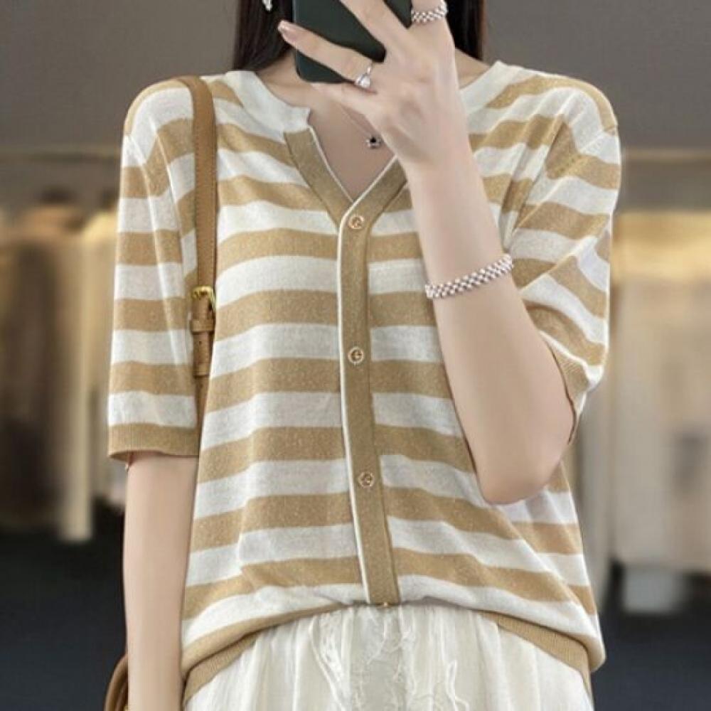 Navava Women Casual Simple Striped Short Sleeve Knit Nk2046