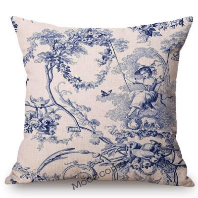 Navy Blue Ink Print Motif Of Toile De Jouy Classic French Pattern Tropical Plant Elephant Pillow Case Linen Car Cushion Cover