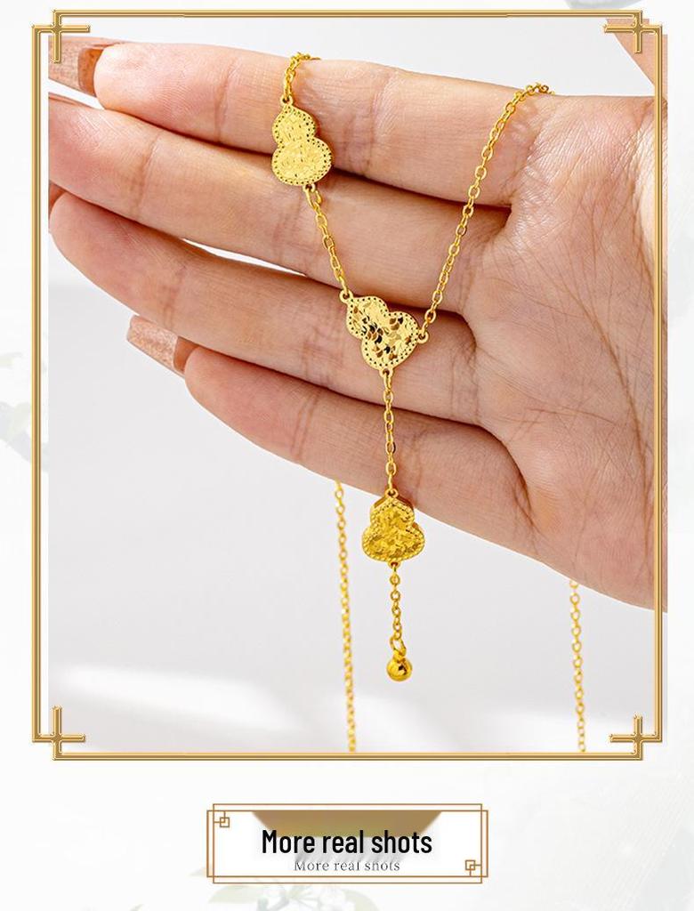 Vietnam Gold Bracelet & Tassel Necklace Set: Luxurious Gourd Design with Crushed Ice Accents