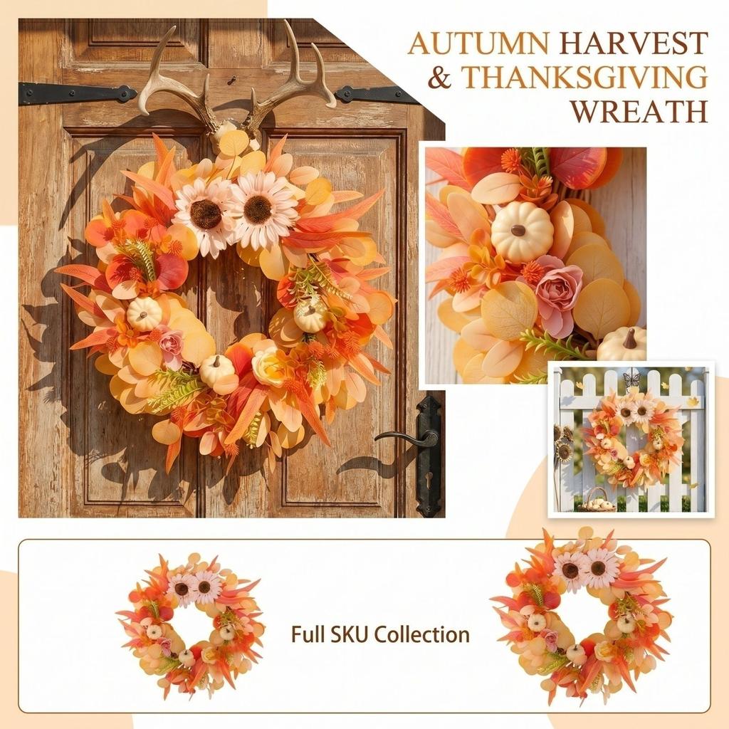 Autumn Harvest Wreath with White Pumpkins Sunflowers Maple Leaves Fall Door Decoration for Thanksgiving Seasonal Home Decor Indoor Outdoor Use