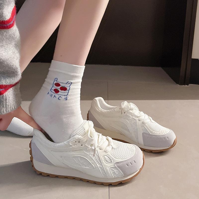 Silver design lace muffin platform German training shoes women's 2025 spring new leather mesh breathable Forrest Gump shoes