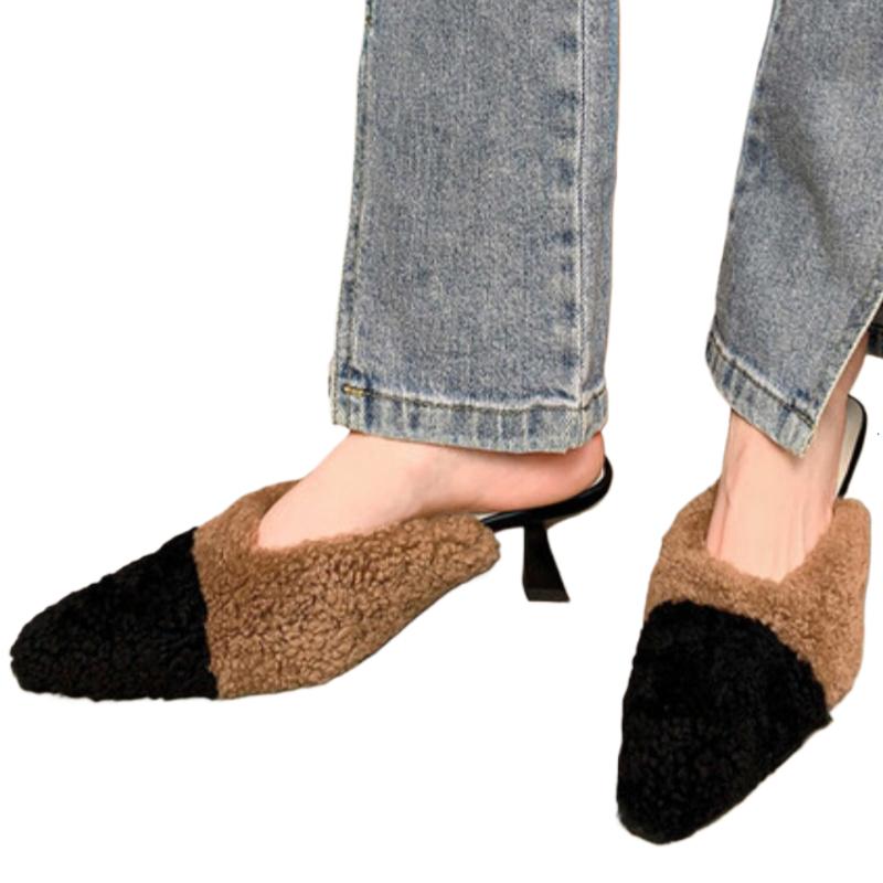Women High Heels Fur Slippers Home Cotton Shoes Winter Plush Warm Pointed Toe Shoes 2025 Trend Casual Flip Flops Zapatos Mujer