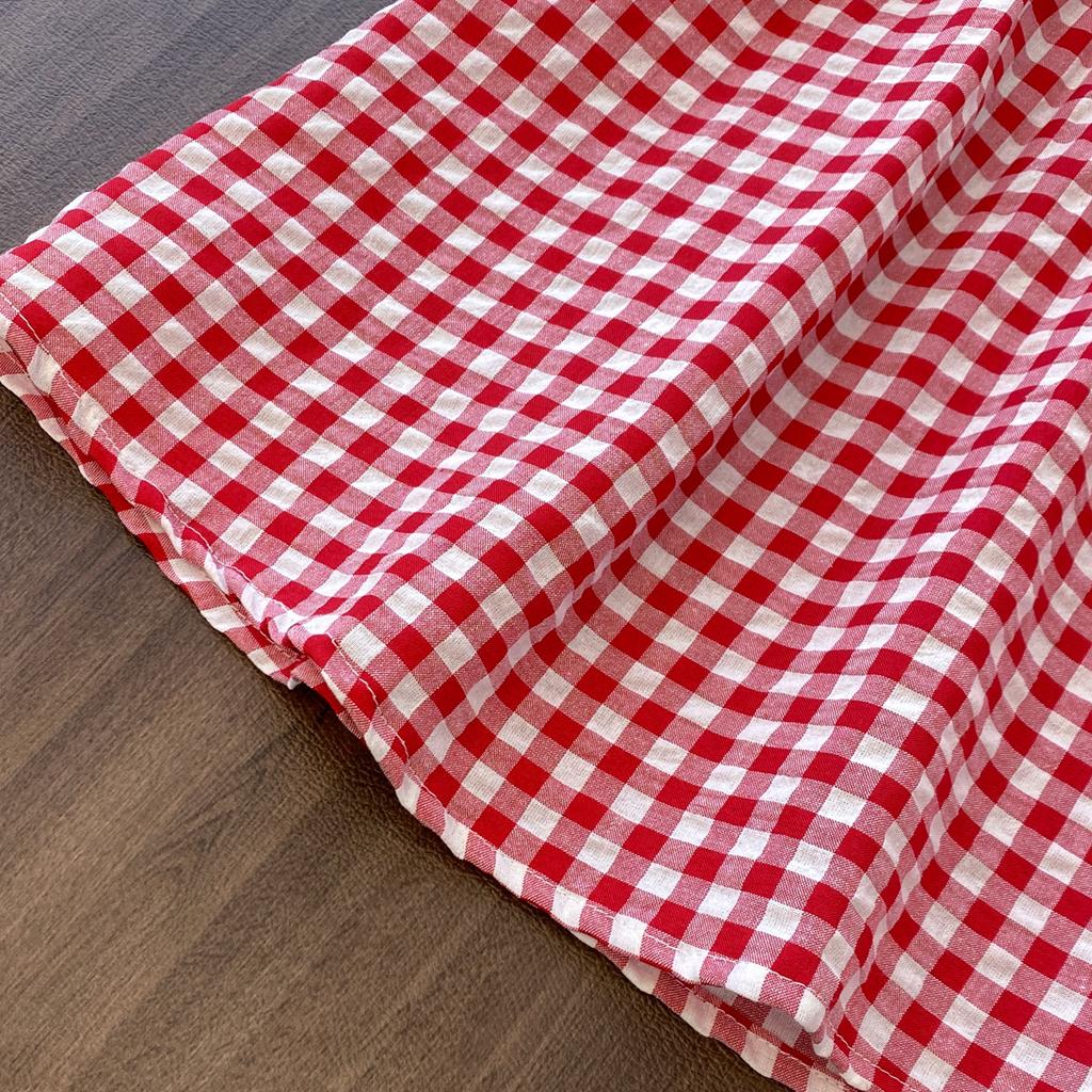 Mädchen Freizeitkleid Erdbeer-Häkelkragen Karomuster Flatterärmelkleid Niedliche Outfits Mädchen Vestidos