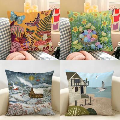 Retro Springtime Village Plants Cushion Cover Natural Linen Organic Fabric DoubleSided Printing Room Sofa Decor Pillow Case