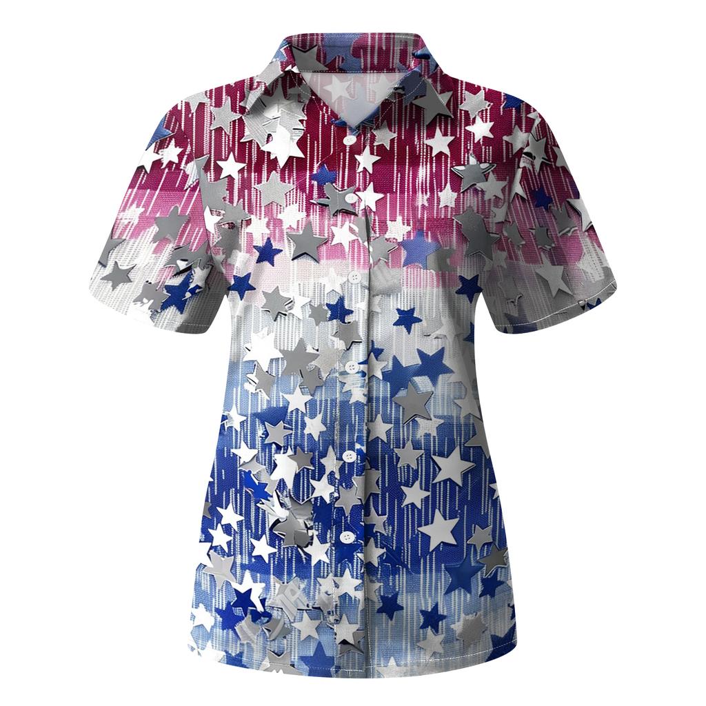 Women's Casual Short Sleeve Button Down Shirt Independent Day Star Print Collar Blouse Lightweight Summer Top