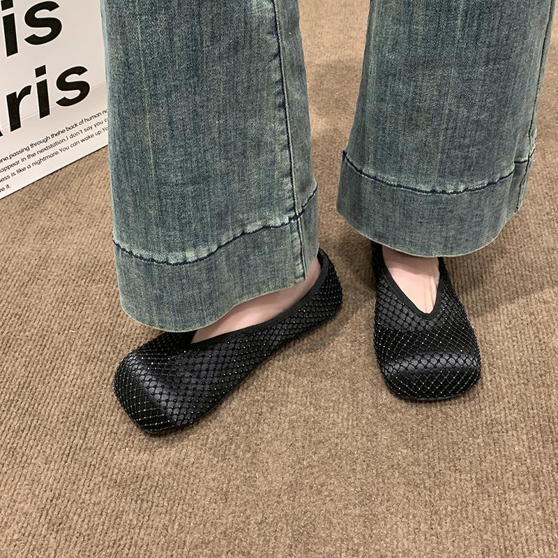 Fashion Flats Ballet Shoes Women Sandals Mesh Crystal Square Toe Mary Jane Summer New 2025 Design Shallow Loafer Dress Casual Sandalias