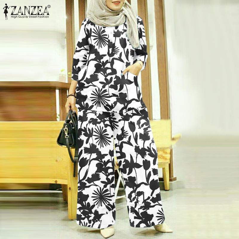 

ZANZEA Принт Наряды Женщины 3/4 Рукав Блузка и Брюки Лето Повседневный Костюм Комплект