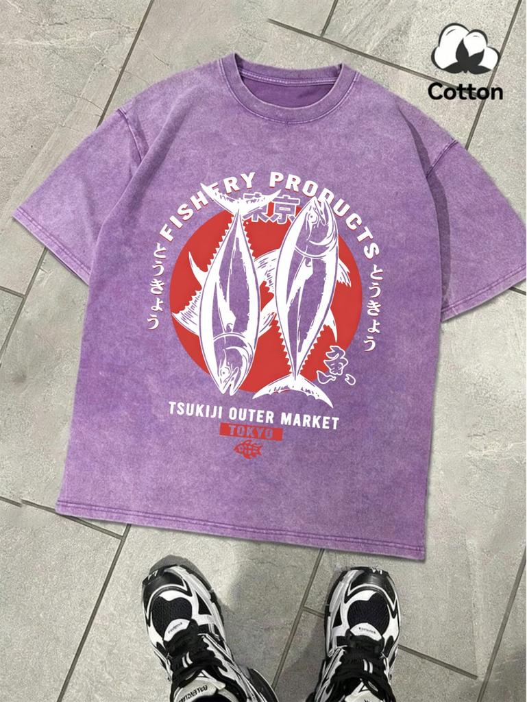 Tokyo Fishery Products Prints Washed TShirt Mens Cotton Oversized Tops Casual Short Sleeve T Shirts Summer ONeck MenS Clothes