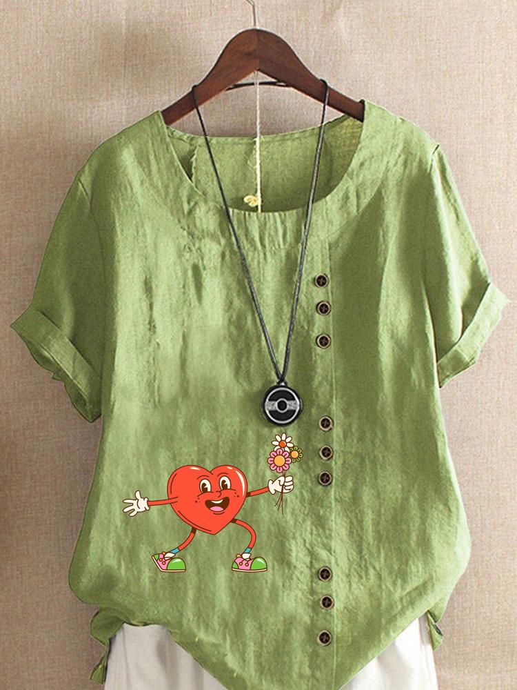 

Women s Fashion Heart Shaped Floral Print Round Neck Short Sleeve T-shirt Summer Casual Cotton Linen Graphic Shirt Leisure Loose Blouse Tops 5XL зелений