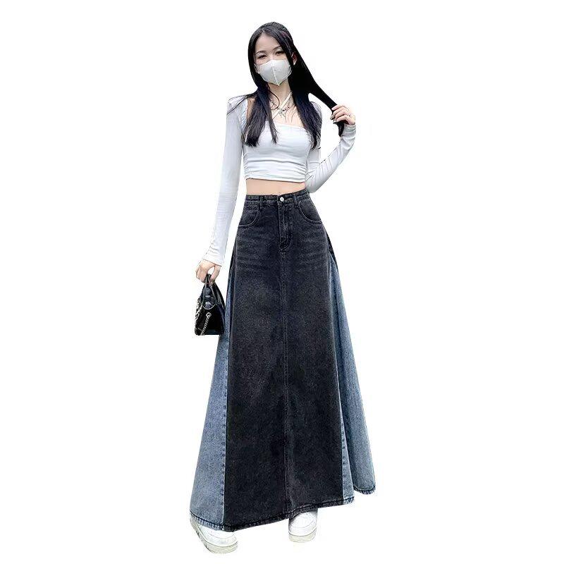 Fustă midi A-line din denim patchwork retro - Primăvara 2025 Design color block subțiere pentru femei