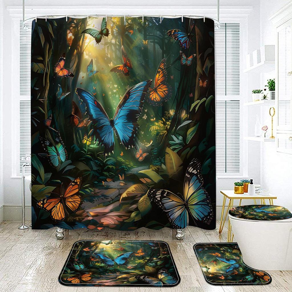 Butterfly Trees, Flowers And Plants, Digital Printing, Shower Curtain, Bathroom Four-Piece Set With Hooks