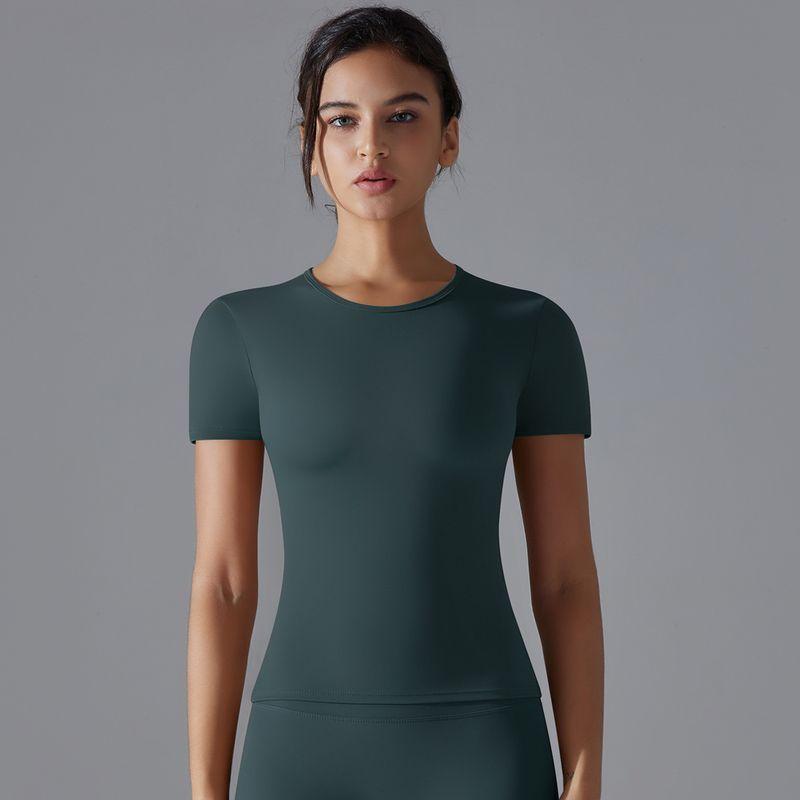 2025 Summer Pure Color Double-Sided Brushed High Elastic Tight Breathable Yoga Clothes Short Sleeve Sports Running Workout T-shirt Women