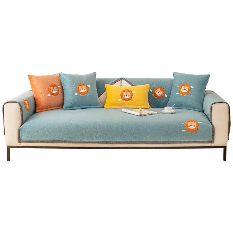 Cartoon Lions Plush Sofa Cover Winter Thickening Super Soft Warm Cushions Non-Slip Living Room Leather Sofa Backrest Armrests