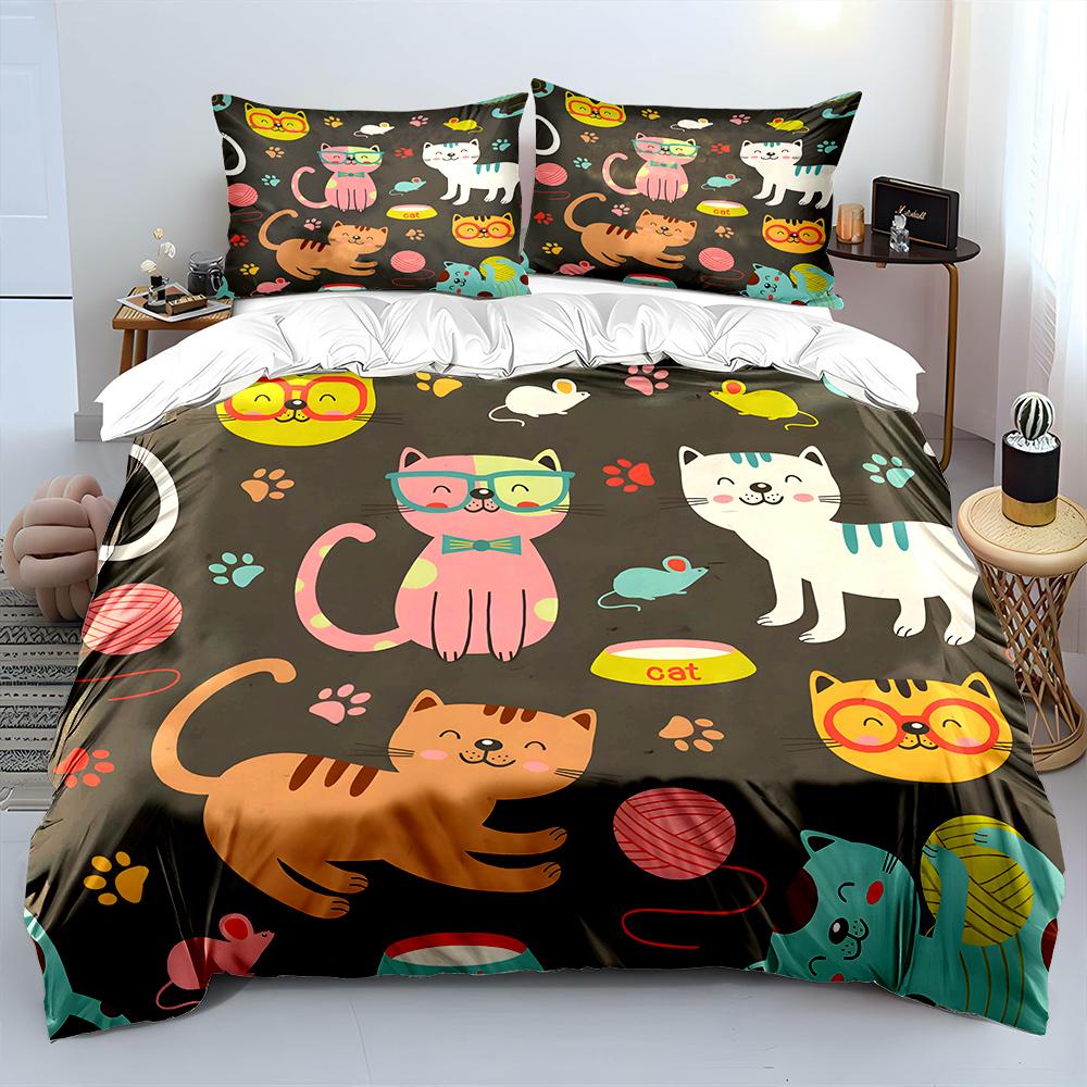 Multiple sizes Cartoon cats playful pattern Bedding Set 1 Duvet Cover 2 Pillowcases for Adult and Children Luxury Gift Full Size