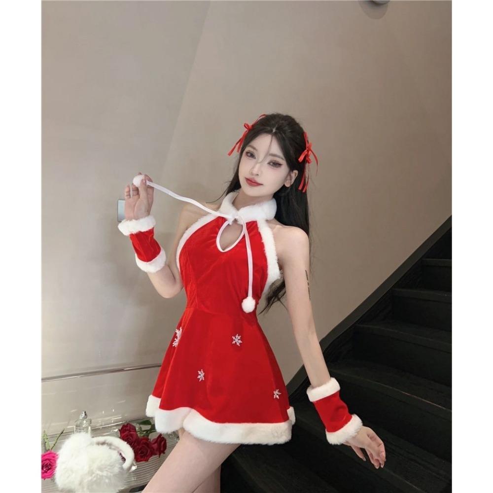 New Style for Spring Autumn and Winter Sexy and Cute New Year Red Plush Halter Neck Backless Slim and Slim Petite Christmas Dress