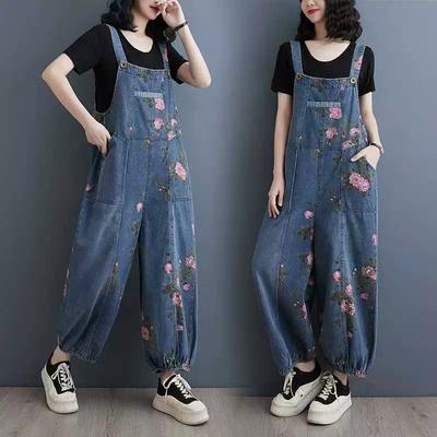 Spring and Summer Retro Western Style Loose Multi-bag Denim Overalls Drawstring Denim Jumpsuit Women