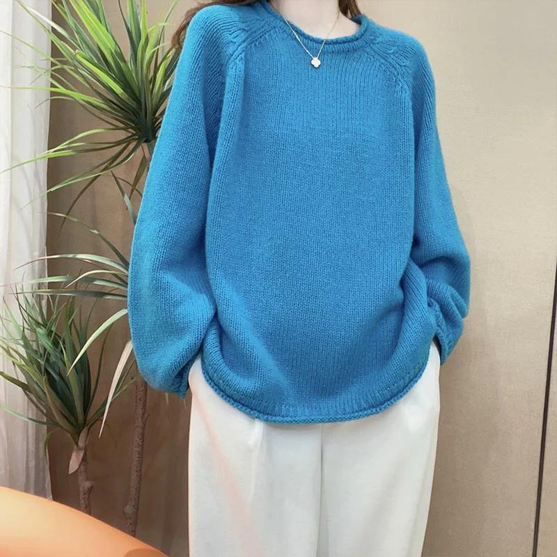 Solid Color Fashion Casual Long Sleeved Thick All Wool Sweater Women's Korean Version Loose and Lazy Style Versatile