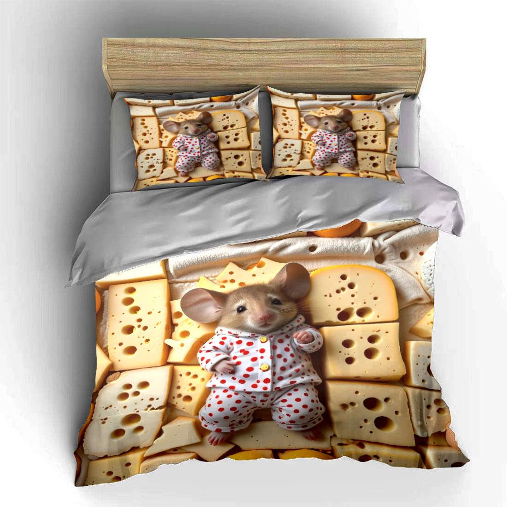 Cheese-Themed Decorative Mouse Set Soft Skin-Friendly Bedding Set Includes 1 Duvet Cover And 2 Pillowcase Gift