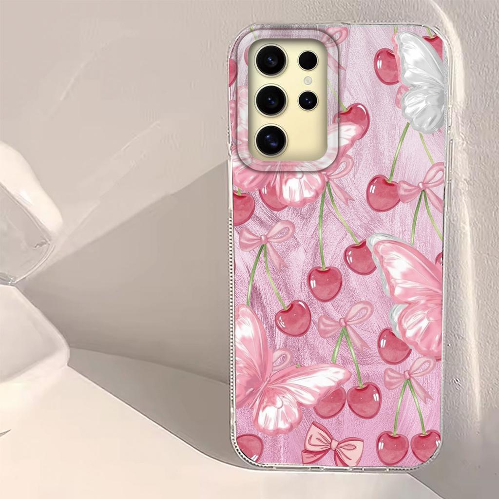 Pinke Frucht Kirsche Schmetterling Feder Textur Handyhülle für Samsung Galaxy S25 S24 S23 S22 S21 FE Plus Ultra Hülle Silikonabdeckung