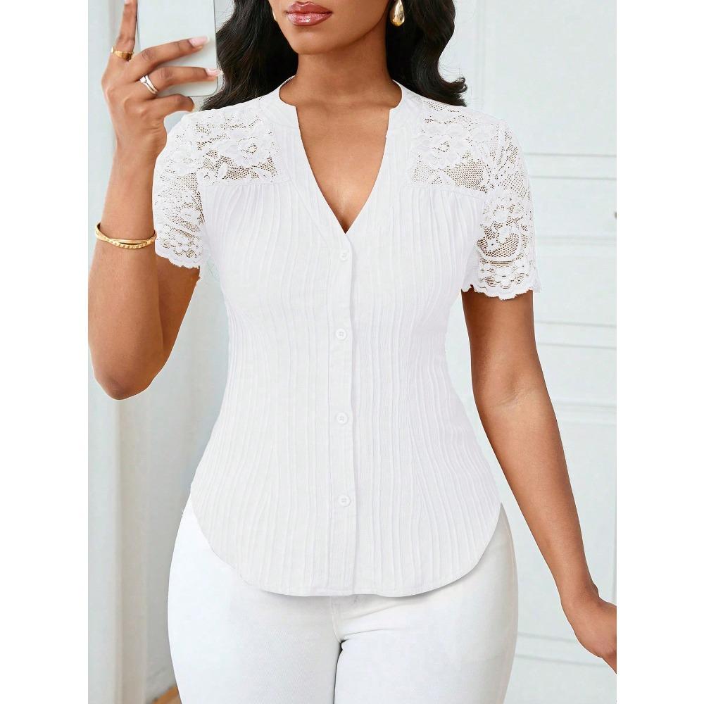 Top la modă, versatil, cu un singur nasture, de culoare uni, mulat, brodat, cu deschidere în față, cu mânecă scurtă