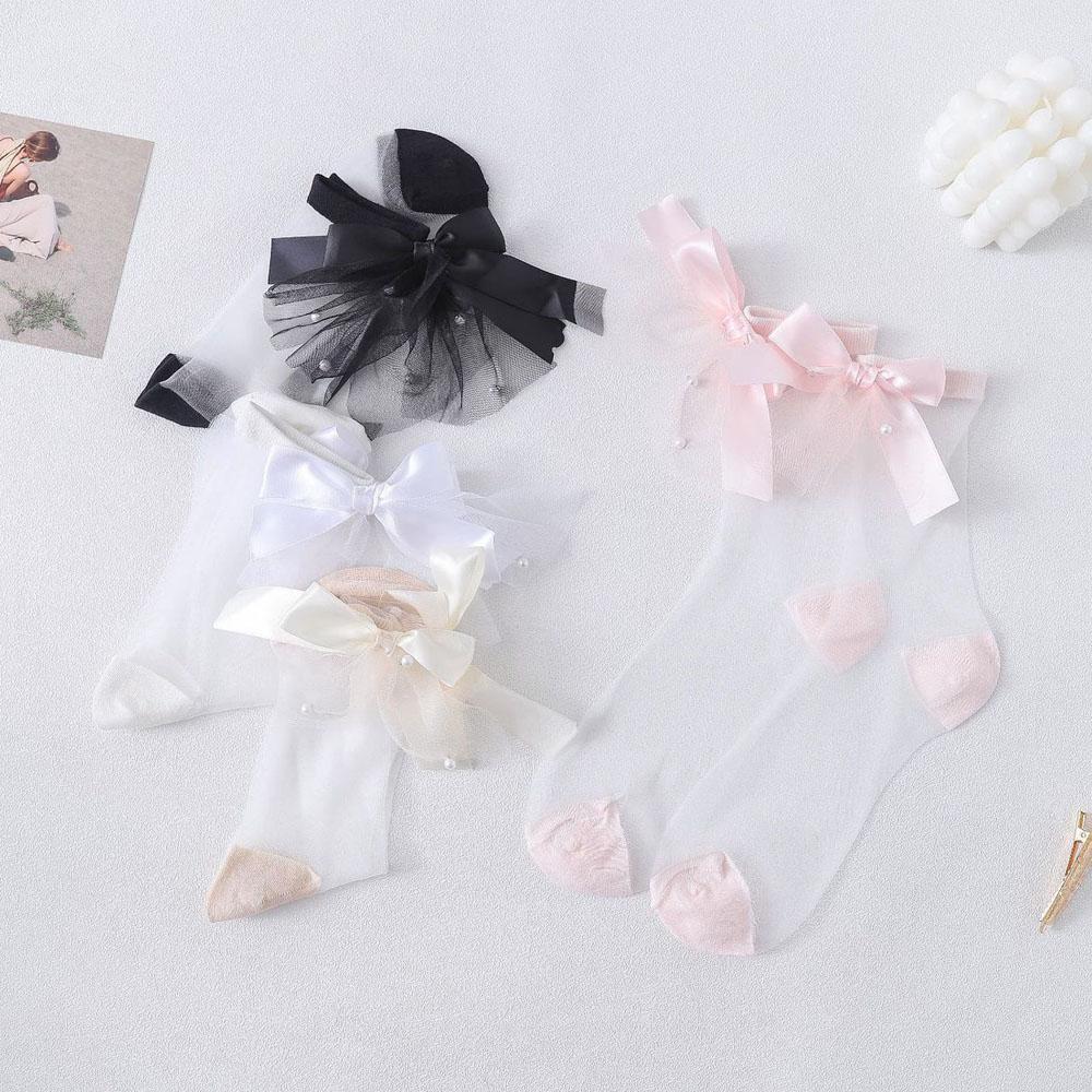 Summer Lolita Woman Transparent Mesh Solid Colors Pearl Short Socks Bow Lace