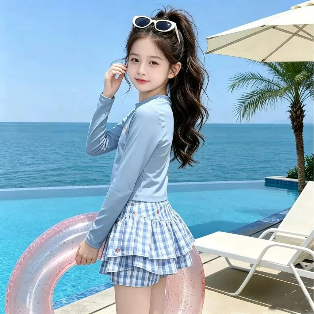 Girls Summer Long Sleeve Sun Protection Two Piece Swimsuit Trendy Middle Big Kids Swimwear Set