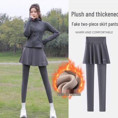 Women's Faux Two-Piece Fleece-Enhanced Shark Pants: Yoga-Style Pleated Skirt and Tights for Spring, Autumn, and Winter.