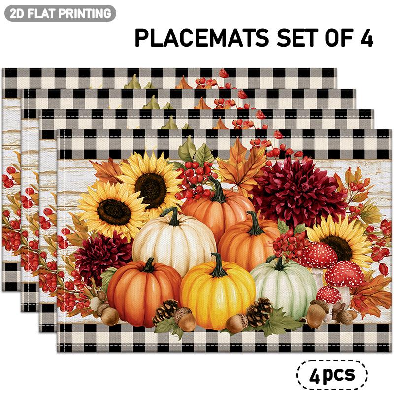 4/6pcs Set of Placemats with Pumpkin, Sunflower, Maple Leaf, Berry, Mushroom, and Pinecone Patterns, Featuring a Black and White Checkered Border Desi