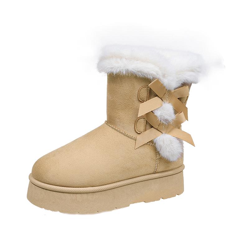 Slip-on Round Toe Winter Snow Boots Mid Heel Solid 2025 New Ladies Shoes Ankle Flat with Sewing Butterfly-knot Women's Boots