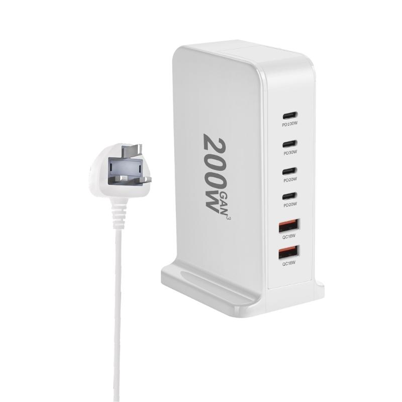 USB C Ladegerät 200W Schnellladegerät Block 6 Port Ladestation Ziegelstein Laptop-Ladegerät 2 USB + 4 Typ C für Reisen Zuhause