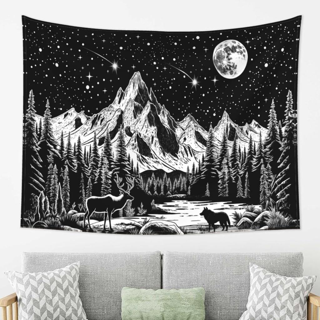 Floral Plants Sun And Moon Retro Botanical Flowers Butterfly Black Starry Sky Wall Tapestry Vintage Boho Aesthetic Tapestry Wall