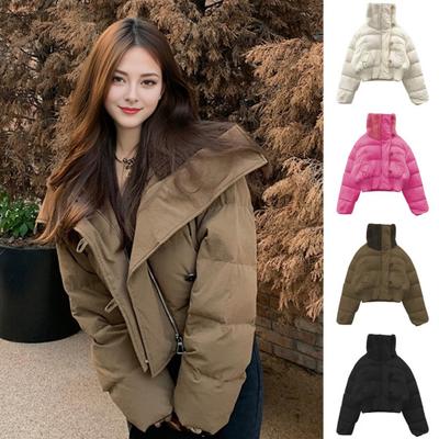 Casaco de algodão feminino inverno gola alta proteção de pescoço à prova de vento mangas compridas tipo curto jaqueta espessada acolchoada trespassado bainha elástica sobretudo