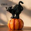 Seasonal Festive Atmosphere Props Halloween Black Cat Pumpkin Ornament, Vintage Wood Carving Style Sculpture with Resin Figurine, Spooky Tabletop