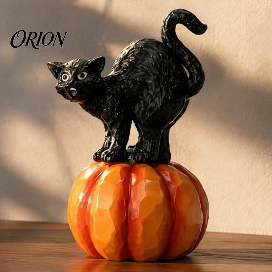 Seasonal Festive Atmosphere Props Halloween Black Cat Pumpkin Ornament, Vintage Wood Carving Style Sculpture with Resin Figurine, Spooky Tabletop