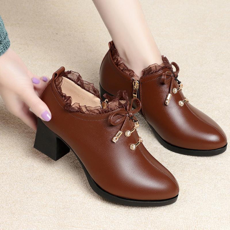 Women Spring Autumn New Fashion Lace Soft Leather Platform Pumps Korean Style Casual Waterproof Pointed Toe Single Shoes