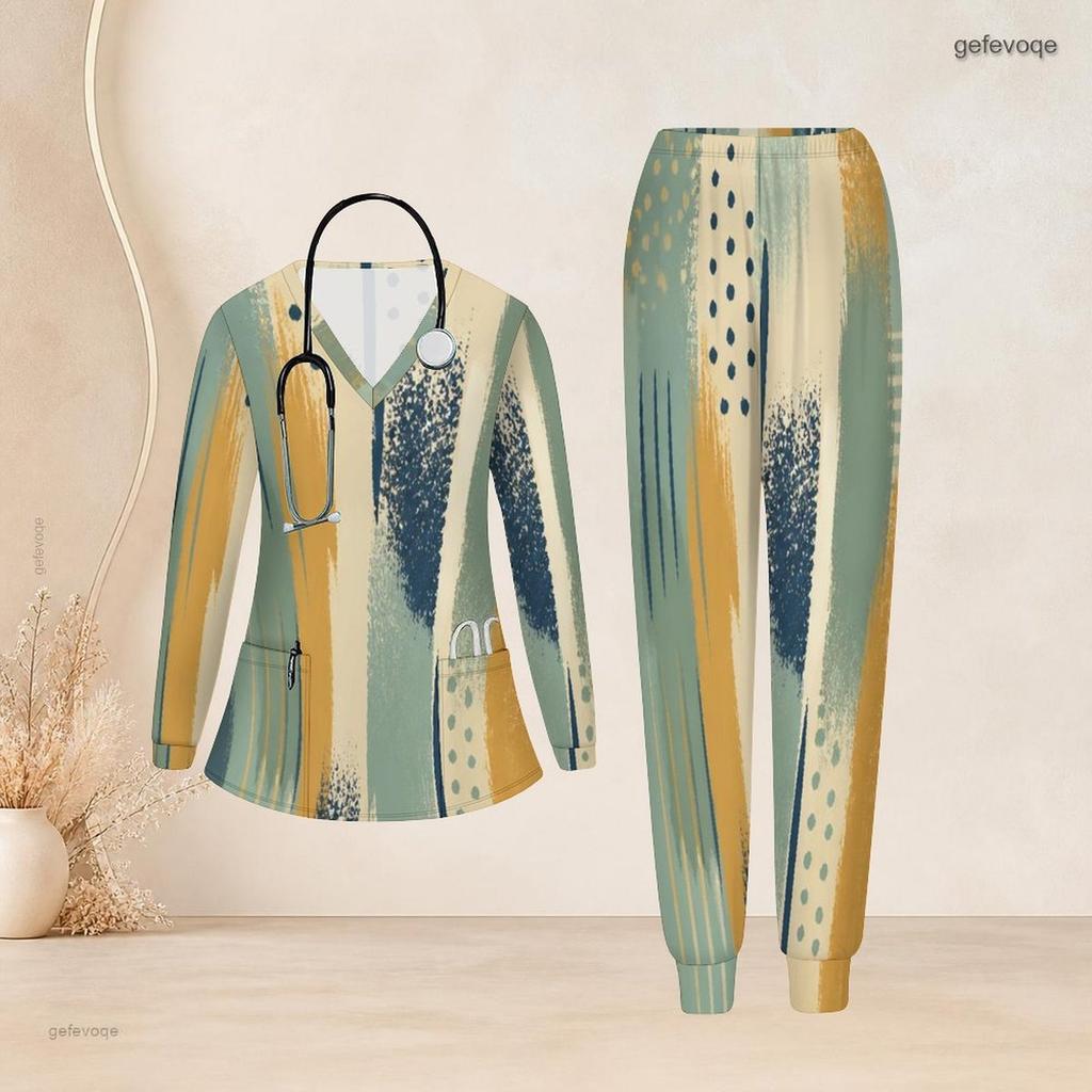 Women Plus Size Nurse Scrub Set V Neck Long Sleeve Printed Navy Blue Black Pocket Top And Pants