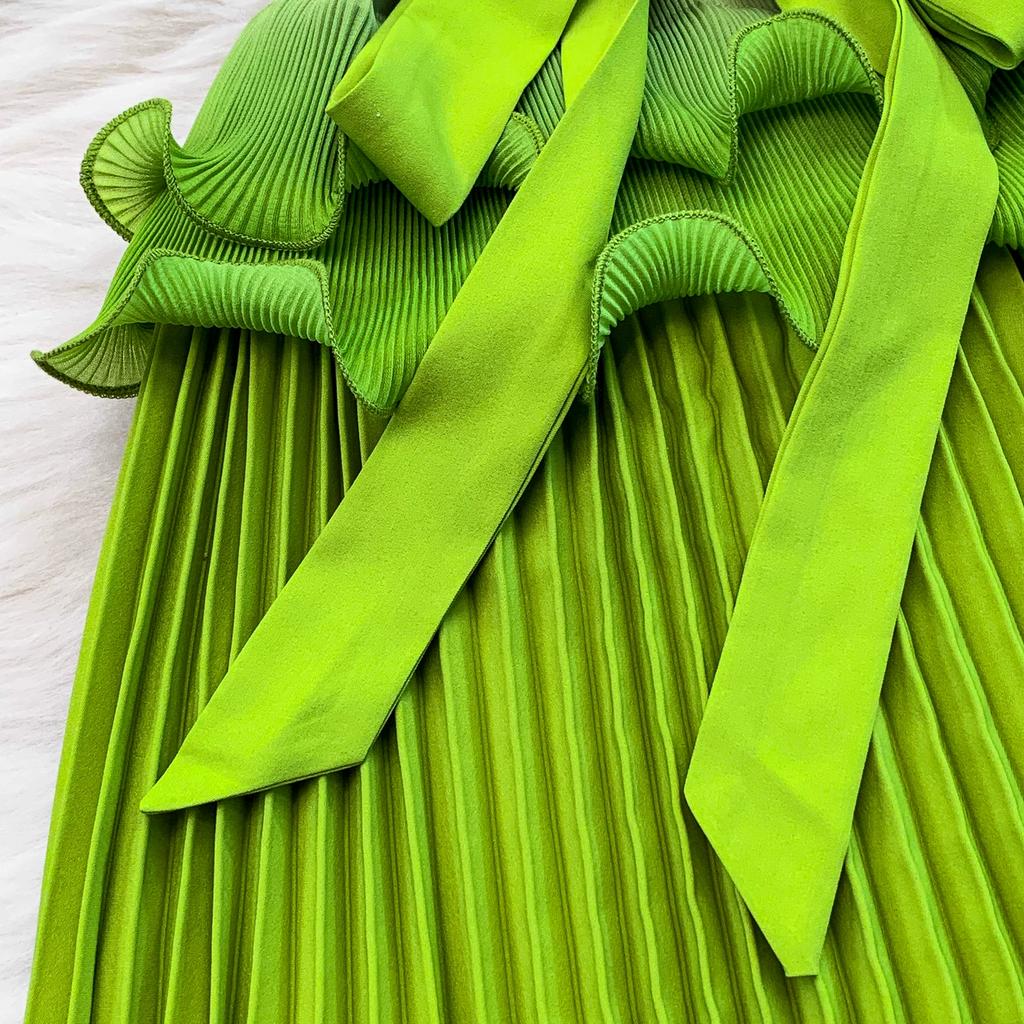 Elegant Beaded Embroidery Oversize Pleated Dress Women Summer Gradient Pink Green V Neck Ruffle Belt High Elastic Midi Dress