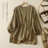 2025 Spring/Summer Women's V-neck Waist-Cinching Cotton Linen Top - Loose, Slimming, Versatile, Five-Sleeve Shirt